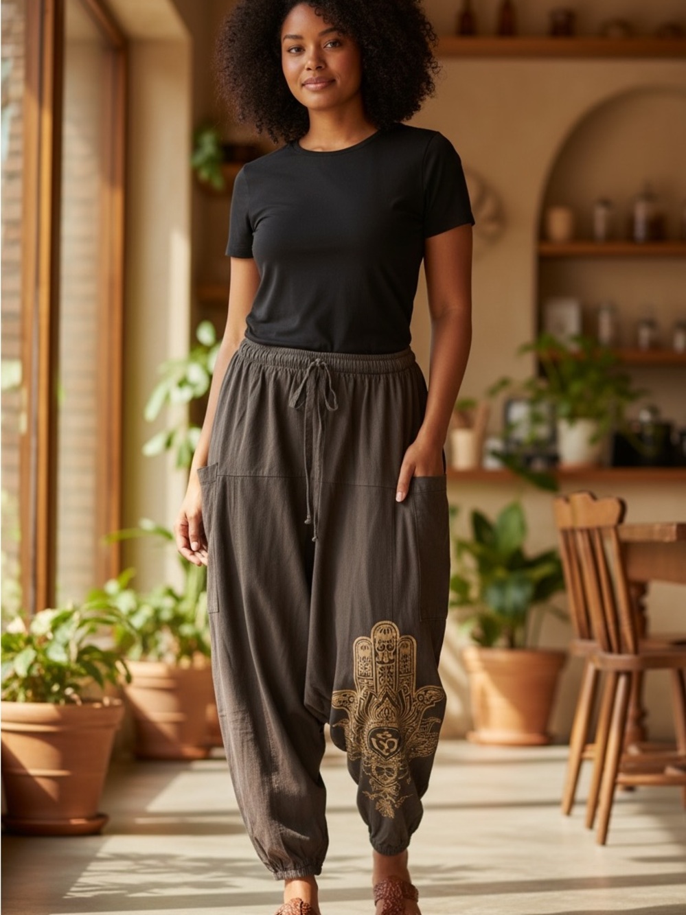 Kathmandu Brown Harem pants with Gold Hamsa Detail
